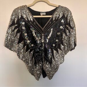 Vintage Beaded Silk Sequin Silver and Black Butterfly Top 70s Disco